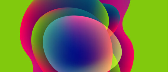 Abstract vibrant shapes overlap, creating colorful gradients. Lime background contrasts with flowing forms. Modern design element.
