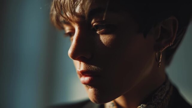 Medium frame of a nonbinary person showcasing androgynous attire in sharp detail contrasted with a gently outoffocus minimalist studio interior.