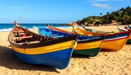 Fototapeta premium Colorful fishing boats on a sandy beach