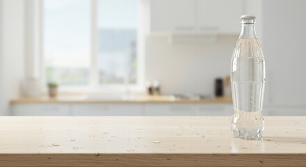 Clear glass bottle of water on a wooden surface with water droplets