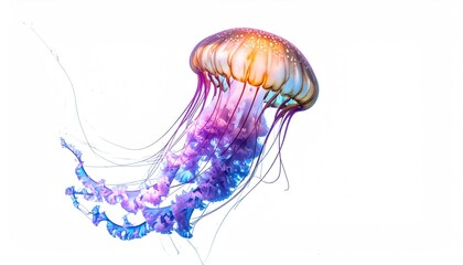 Vibrant jellyfish with flowing tentacles floats gracefully in water.