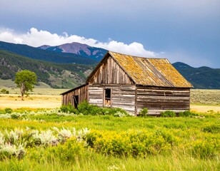 Obraz premium Rustic wooden cabin in a meadow, mountains in the background