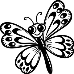 SVG vector illustration of a cute yet strange decorative style.Cute Cartoon Butterfly with Big Eyes and Decorative Wings