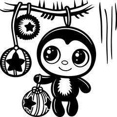 SVG vector illustration of a cute yet strange decorative style.Cute Cartoon Character Holding Ornament on Christmas Tree