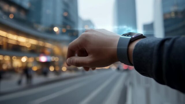 Focused medium shot of a persons hand adjusting a smart wearable device with a softly blurred urban tech setting in the background merging human care and innovation.