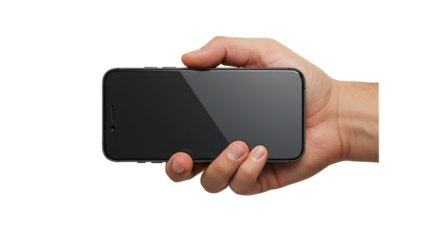 A Hand Holding a Black Smartphone horizontally against a Transparent Background