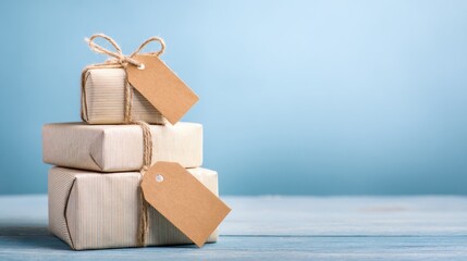 Stack of wrapped gifts with tags
