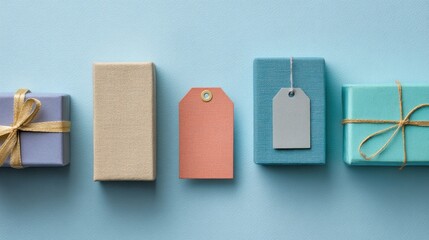 Pastel-colored gift boxes arranged in a row with a blank tag