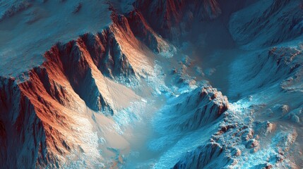 Crystalline blue glaciers beneath surreal red Martian sky, abstract natural landscape revealing hidden purity and futuristic planetary concept.