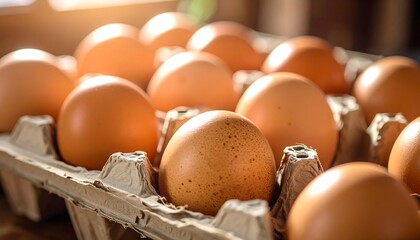 Fresh brown eggs sitting in cardboard carton on wooden table in warm sunlight, showcasing natural and healthy food source.