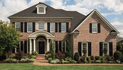 Elegant large suburban house with brick and siding exterior, lush front yard, and well-maintained landscaping