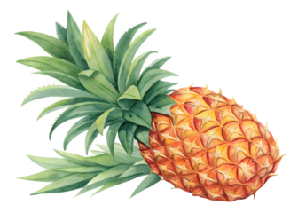 Vibrant watercolor painting of a ripe pineapple with green leaves on a black background