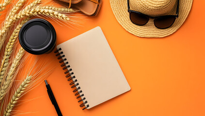 Traveler planning summer vacation with notebook and hat on orange table, creating a travel itinerary for an upcoming adventure, evoking wanderlust.