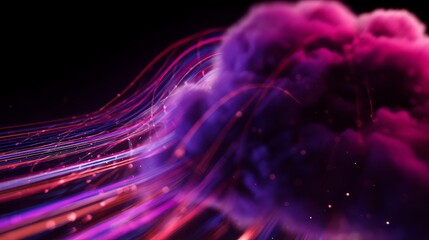 Obraz premium Digital cloud computing visualization with holographic data streams and glowing abstract connections, futuristic technology background for business and branding.