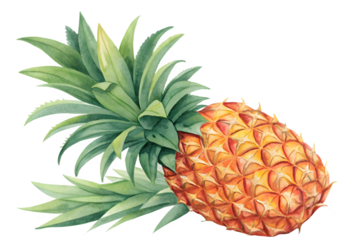 Vibrant watercolor painting of a ripe pineapple with green leaves on a black background