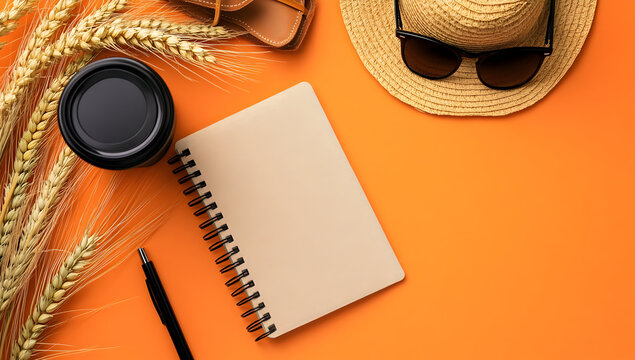 Traveler planning summer vacation with notebook and hat on orange table, creating a travel itinerary for an upcoming adventure, evoking wanderlust.