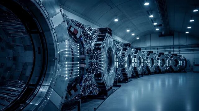 An expansive underground room housing advanced particle accelerator magnets with cooling lines and sensor clusters connected along the structure.