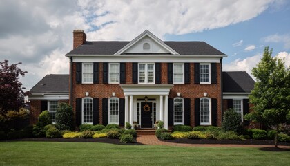 Elegant multi-story suburban house with front porch, well-maintained lawn, and mature trees