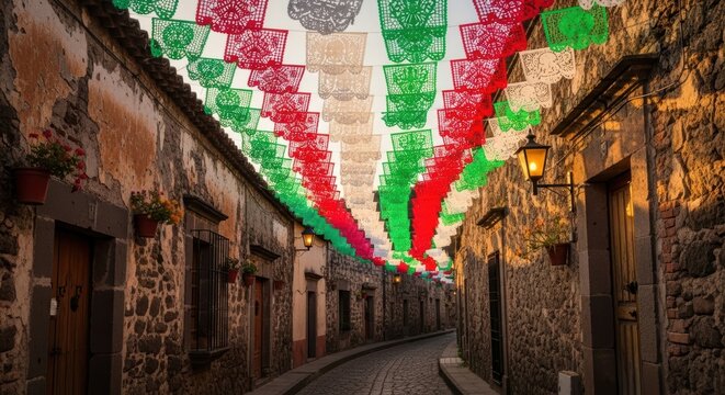 Colorful papel picado decorations adorn a charming street during Mexican Independence Day celebrations in September