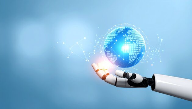 Robotic Hand Cradles a Luminous Digital Globe with Plexus Network.