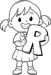 cute girl with letter R cartoon outline