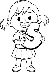 cute girl with letter S cartoon outline