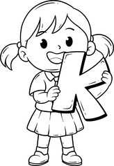 cute girl with letter K cartoon outline
