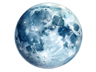 Detailed watercolor painting of a luminous blue moon against a black background