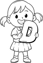 cute girl with letter D cartoon outline