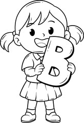 cute girl with letter B cartoon outline