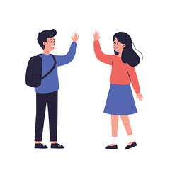 Obraz premium A wistful yet friendly moment is captured as a young boy and girl wave goodbye to each other in a clean 2D flat vector illustration, isolated on white.