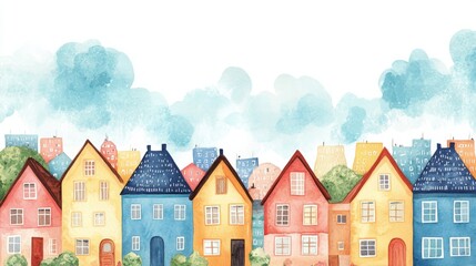 Naklejka premium A colorful watercolor illustration of charming houses set against a cloudy sky, showcasing vibrant colors and quaint architectural styles.