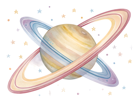 Whimsical watercolor saturn with colorful rings and stars - Powered by Adobe