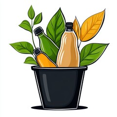 Recycling action bottles and leaves in a black bin nature illustration eco-friendly environment vibrant viewpoint