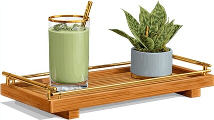 Refreshing green smoothie with succulent plant on wooden tray home decor lifestyle indoor aesthetic