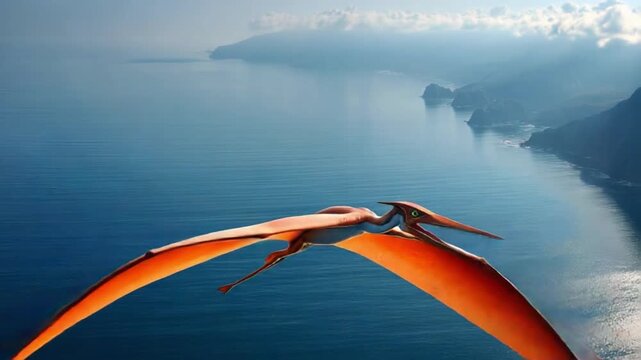 Pterodactyl soaring: A pterodactyl soars gracefully over the expansive sea, a majestic creature in flight, against the backdrop of a clear blue sky and distant shoreline.