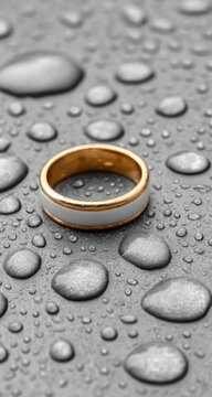 A gold ring with white accents on a surface covered in water droplets.