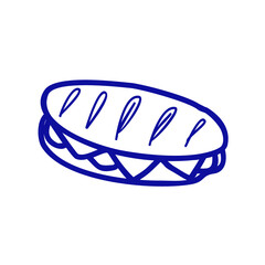 illustration of a sandwich in blue outline style. Simple doodle design of fast food bread with filling, isolated on transparent background