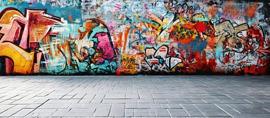 Colorful graffiti art adorns a weathered wall in urban setting, creating a vibrant and expressive atmosphere with its intricate details and bold colors.