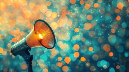 A vintage megaphone stands out against a vibrant, abstract background of colorful bokeh lights, creating an energetic and festive atmosphere.