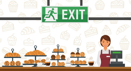 Bakery Scene Depicting Fresh Pastries, Coffee, and a Smiling Clerk Behind the Counter