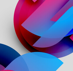 Abstract shapes overlap, creating vibrant color gradients. Blues, purples, reds dominate composition. Minimalist design, modern aesthetic.