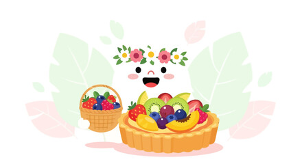 Obraz premium Cheerful Display Of Fruit Tart, Berries, And Floral Embellishments For Delicious Appetizing Appeal