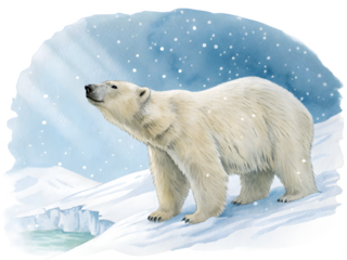 Majestic polar bear standing on ice floe with icy background and falling snow