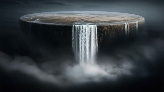 flat earth floating island waterfall in misty darkness