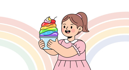 Cheerful Girl Holding a Rainbow-colored Cupcake with a Delightful Smile Image