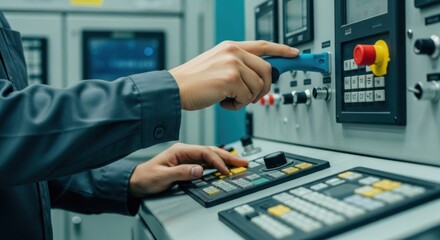 Worker operates machinery control panel, adjusting settings and equipment