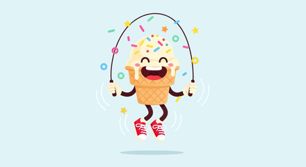 Fototapeta premium Cheerful Ice Cream Cone Jumping Rope: A Delightful, Animated Dessert Celebrating Fun