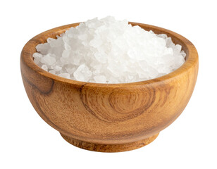 Obraz na płótnie Canvas Angled Side View of Wooden Bowl with Sea Salt, Detailed Texture, Isolated