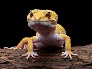 Obraz premium A charming leopard gecko with bright yellow and white skin, posing on a piece of wood against a dark background. This image highlights exotic pets, reptiles, and wildlife photography.